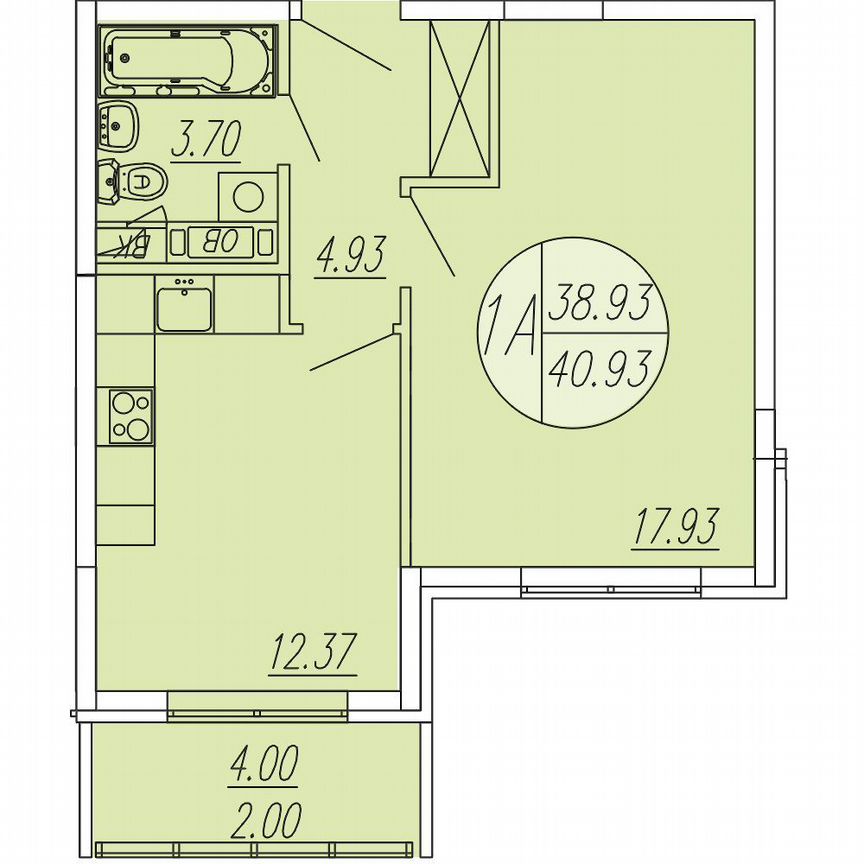 1-к. квартира, 40,9 м², 4/4 эт.