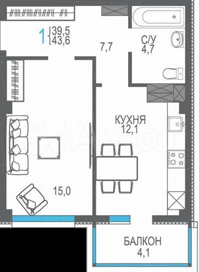 1-к. квартира, 43,6 м², 3/9 эт.