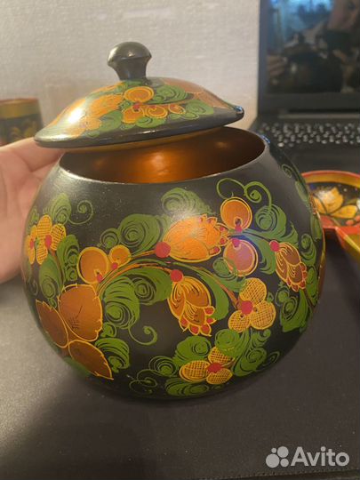 Горшок бочонок с крышкой. Хохлома+ половник