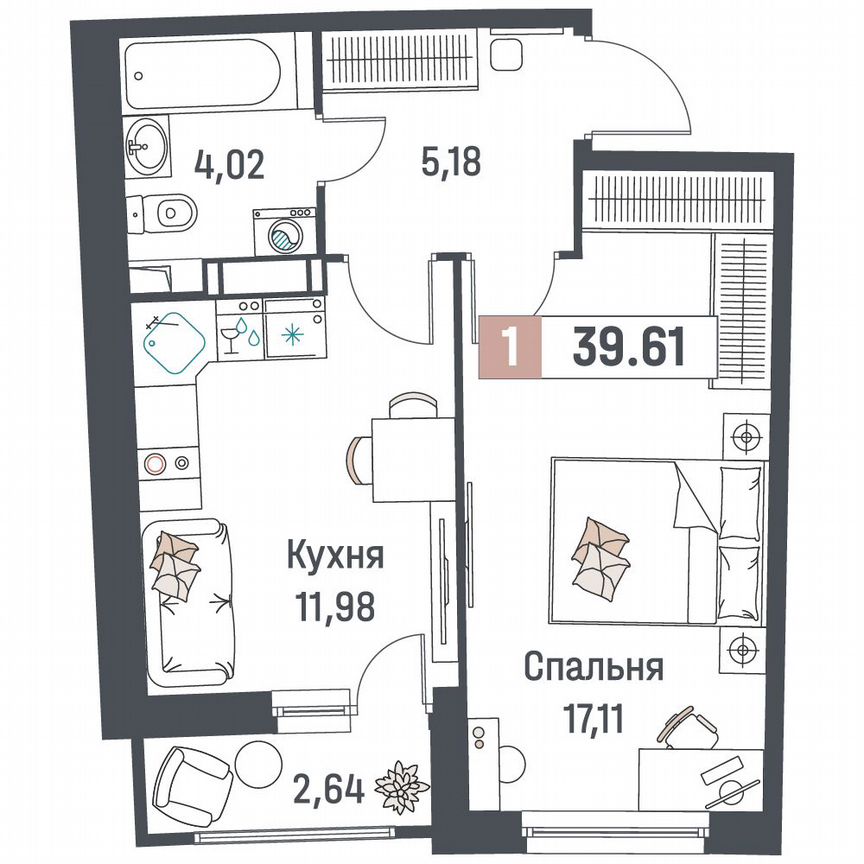 1-к. квартира, 39,6 м², 6/18 эт.