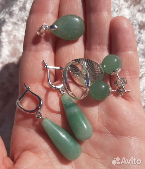 Набор серьги кулон кольцо с зелёным авантюрином