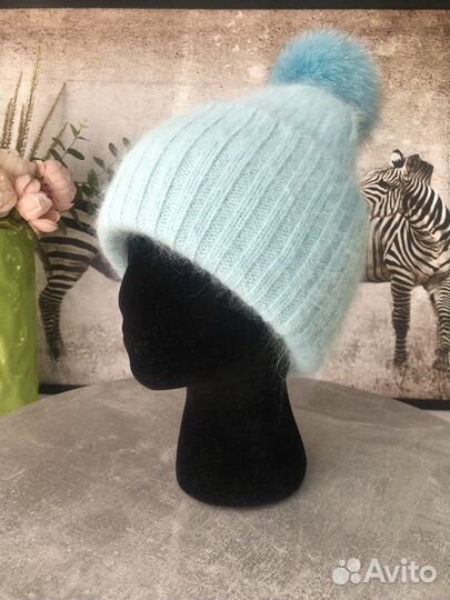 Шапки из ангоры с помпоном двойные