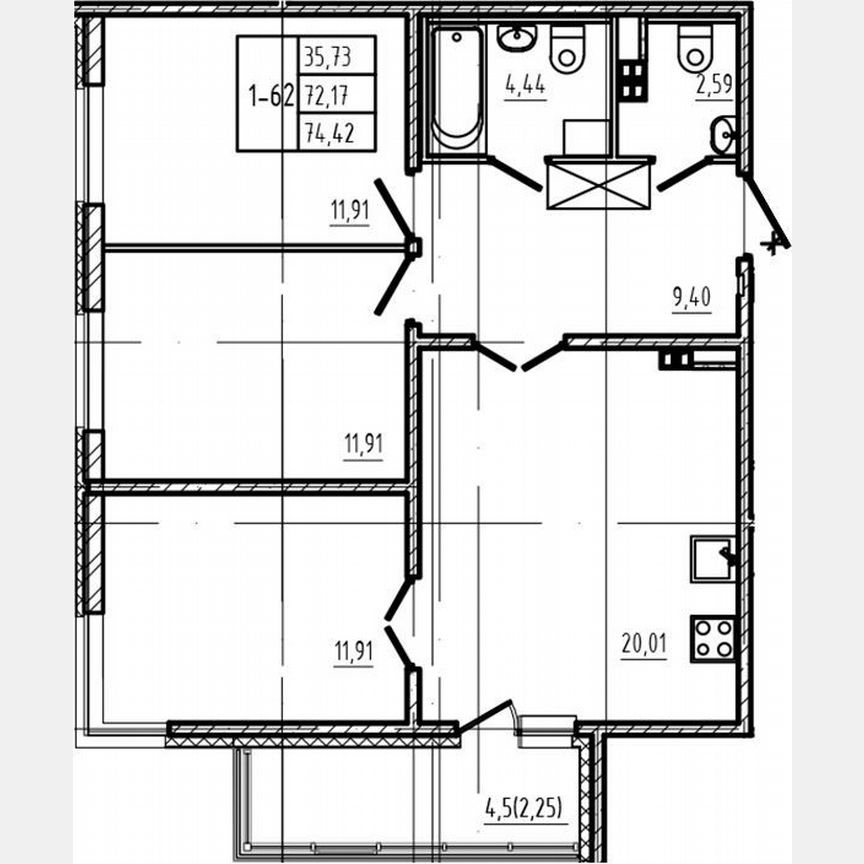 3-к. квартира, 72,2 м², 3/4 эт.