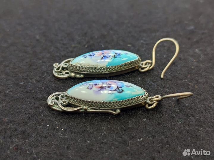 Серьги финифть цветы на голубом фоне