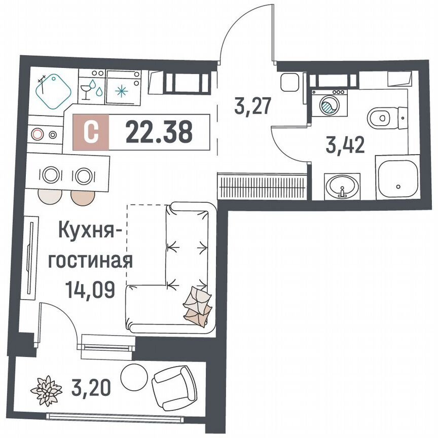 Квартира-студия, 22,4 м², 6/18 эт.