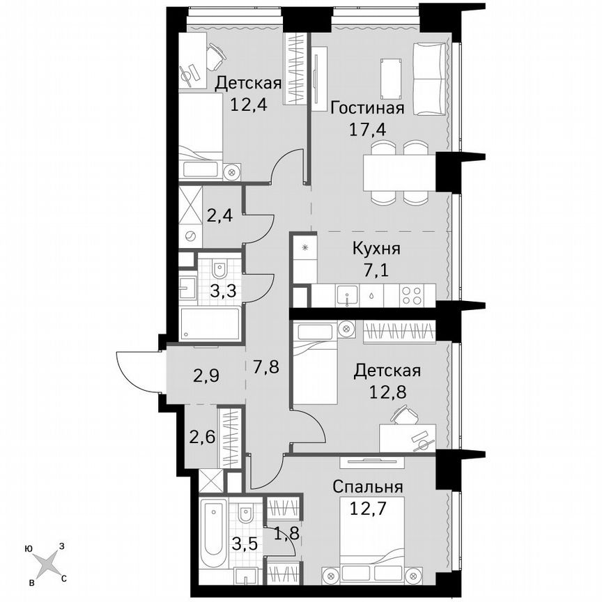 3-к. квартира, 86,7 м², 15/60 эт.