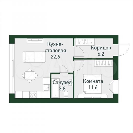 1-к. квартира, 43,4 м², 1/3 эт.