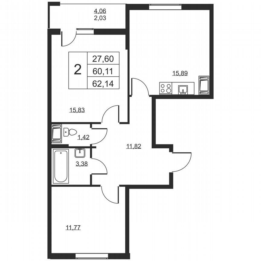 2-к. квартира, 62,1 м², 15/19 эт.