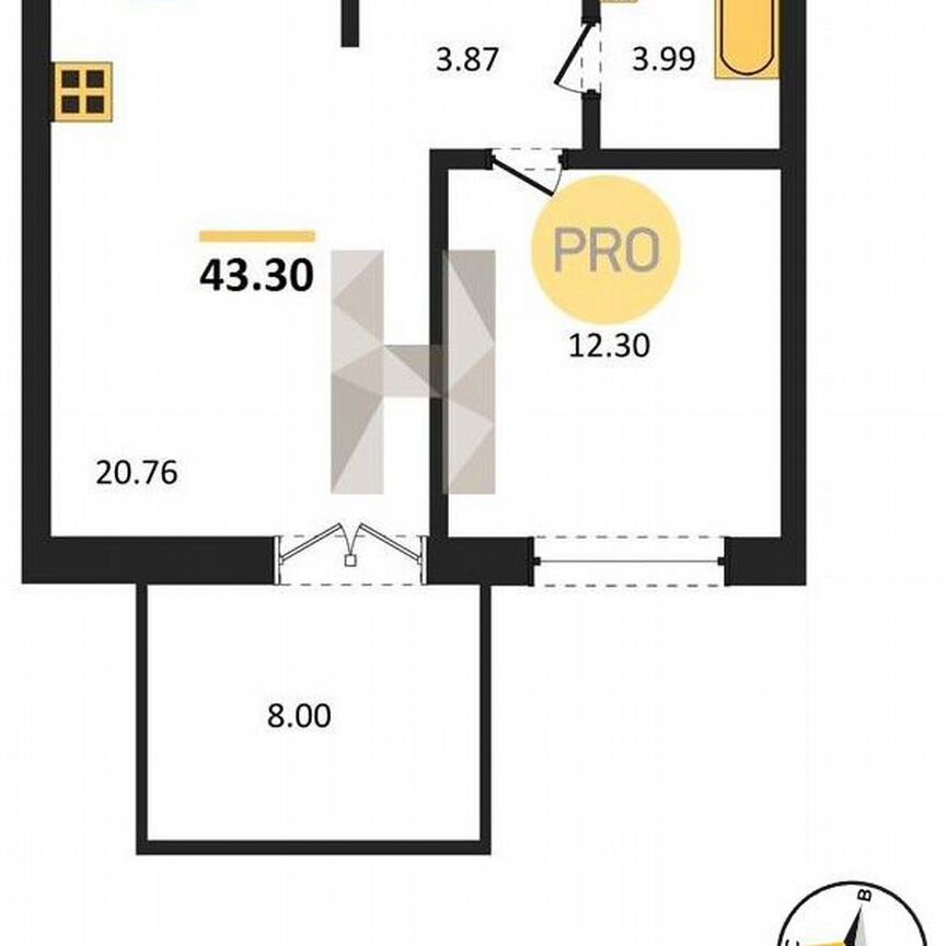 1-к. квартира, 43,3 м², 1/5 эт.