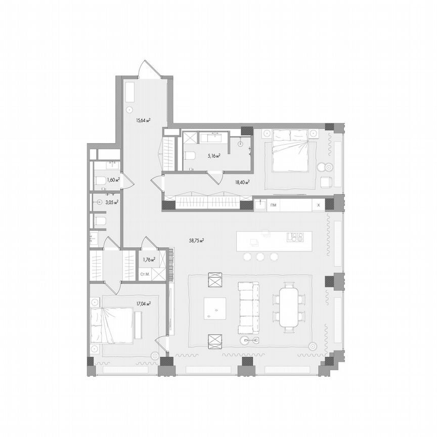 2-к. квартира, 120,6 м², 7/13 эт.