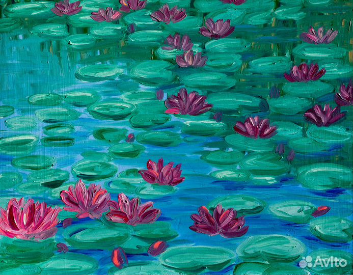Картина оригинал водяные лилии пруд розовые цветы