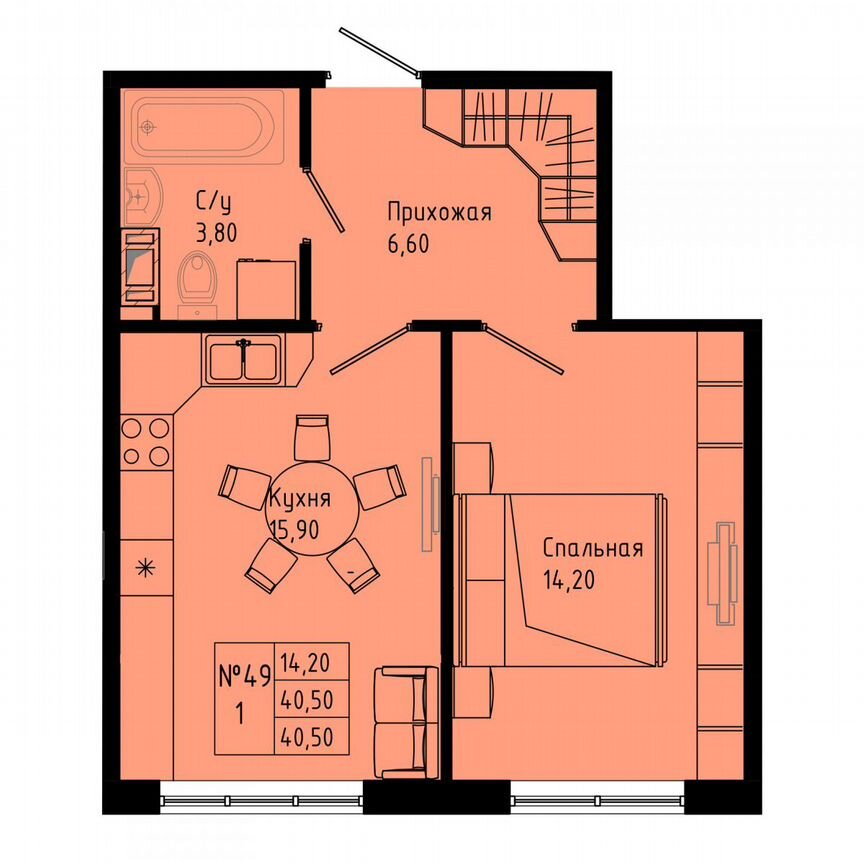 1-к. квартира, 40,5 м², 3/8 эт.