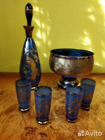 Кобальт стекло Чехословакия набор и ваза, фужеры