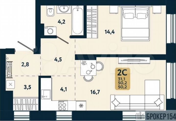 1-к. квартира, 50,2 м², 5/22 эт.