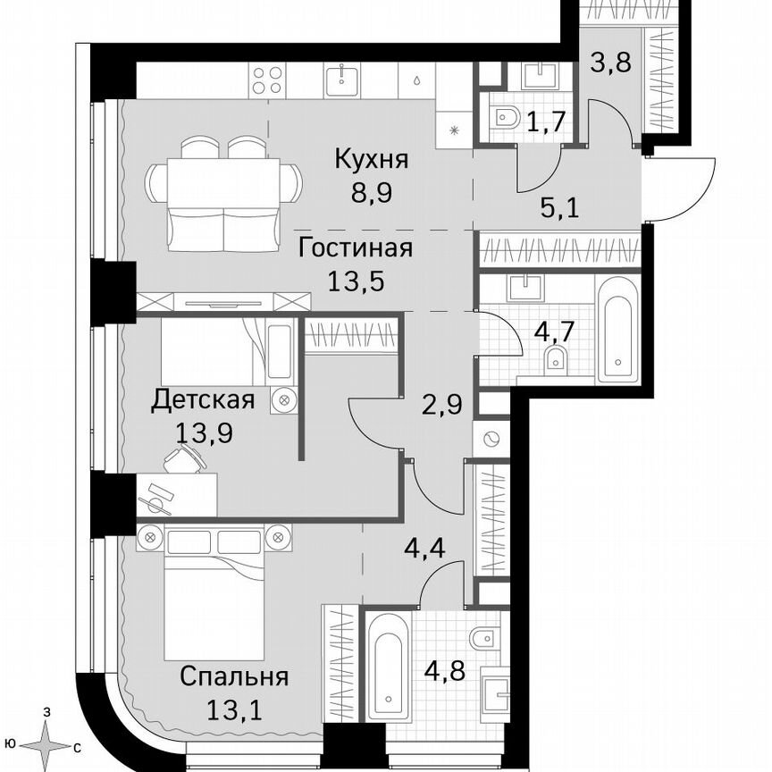 2-к. квартира, 76,8 м², 3/49 эт.