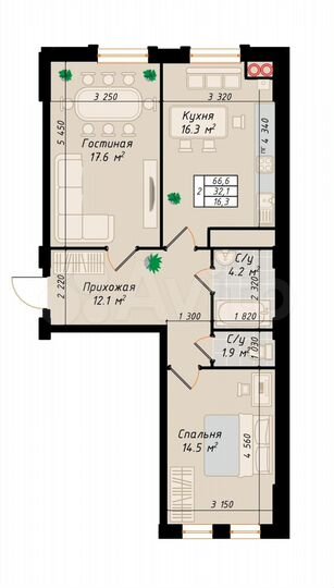 2-к. квартира, 66,6 м², 1/10 эт.