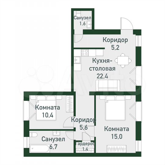 2-к. квартира, 62,6 м², 3/3 эт.
