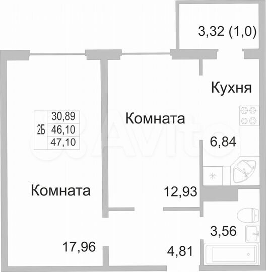 2-к. квартира, 47,1 м², 9/9 эт.