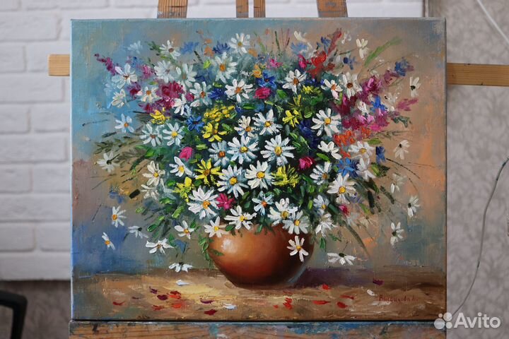 Картина маслом цветы на холсте Ромашки