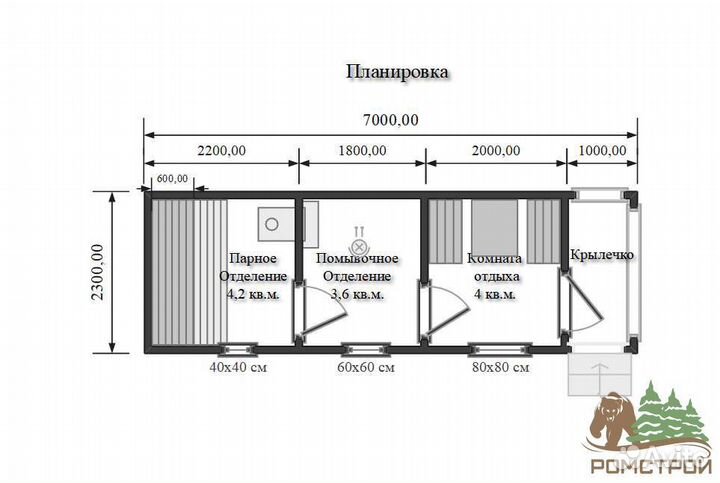 Баня с террасой 7x2.3м