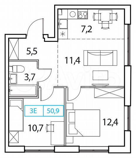 3-к. квартира, 50,9 м², 11/17 эт.