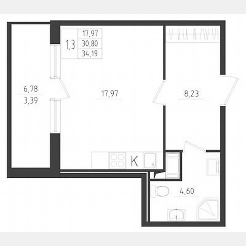 Квартира-студия, 34,2 м², 7/8 эт.