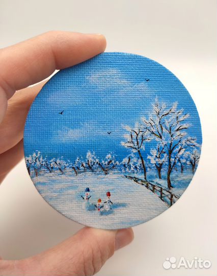 Магнит картина миниатюра на холсте Снеговики