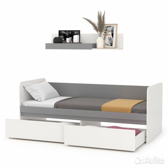 Детская кровать с ящиками Торонто с открытой полкой, цвет белый шагрень/стальной серый, шхгхв 194х84