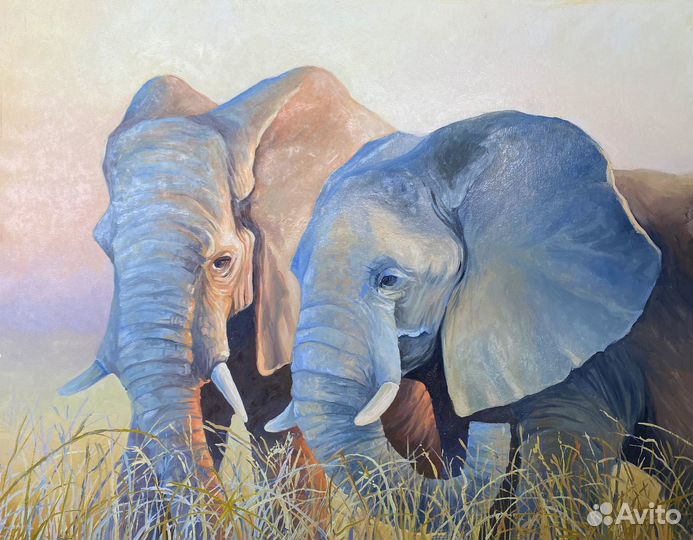 Картина маслом на холсте Слоны на закате