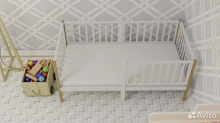 Кроватка Лисенок высокий борт от 2х лет из натурал