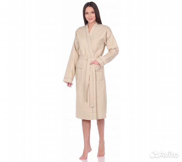 Халат вафельный Home One с кантом бежевый 56