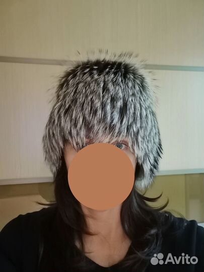 Шапка вязаная синяя, шапка чернобурка без размера