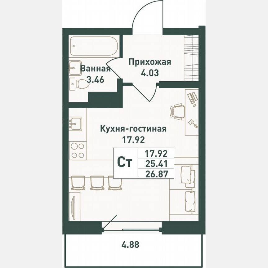 Квартира-студия, 26,9 м², 2/16 эт.