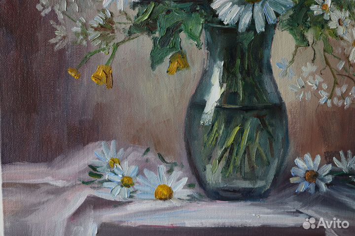 Картина маслом цветы Ромашки холст картон 35х40