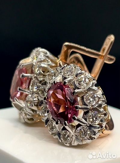 Золотые серьги малины с бриллиантами и турмалинами