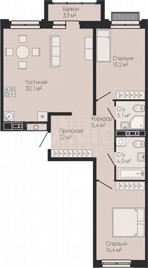 2-к. квартира, 79,3 м², 2/13 эт.