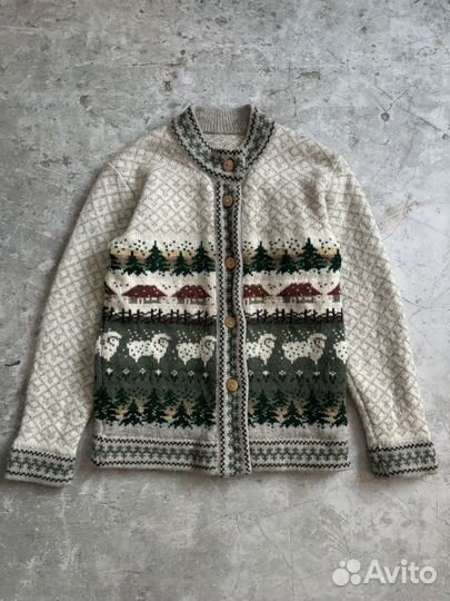 Винтажный вязаный свитер кардиган с принтом
