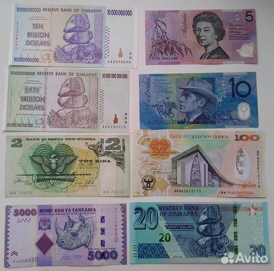 8 различных банкнот Африки, Австралии и Океании