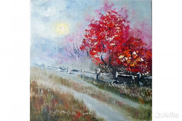 Картина Осень пейзаж маслом на холсте 20х20 см