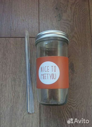 Стакан стеклянный с металлической трубочкой