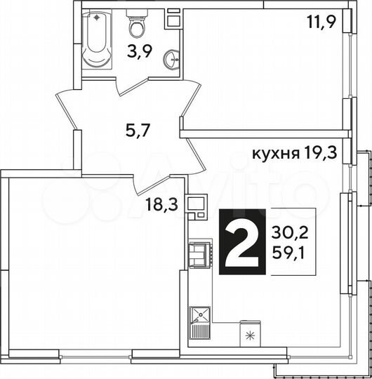2-к. квартира, 59,1 м², 6/16 эт.
