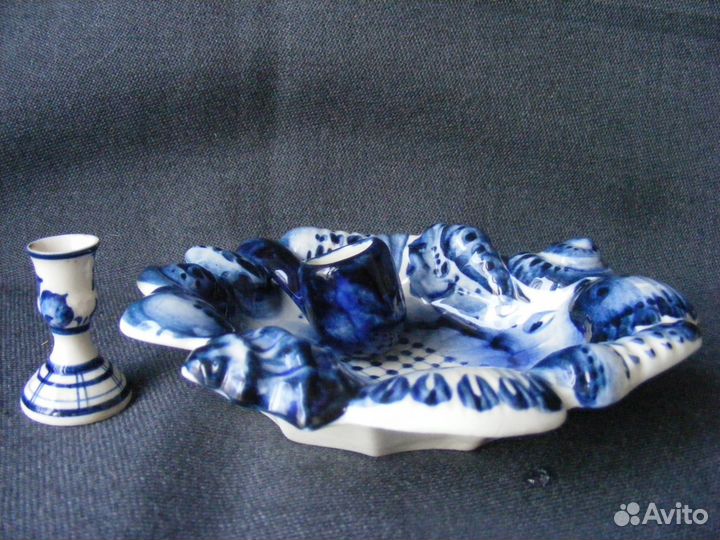 Пепельница с трубкой. Блюдце. Чайник (кобальт)