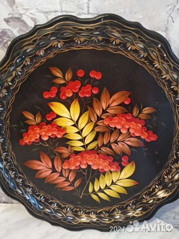 Поднос Жостово рябины круглый