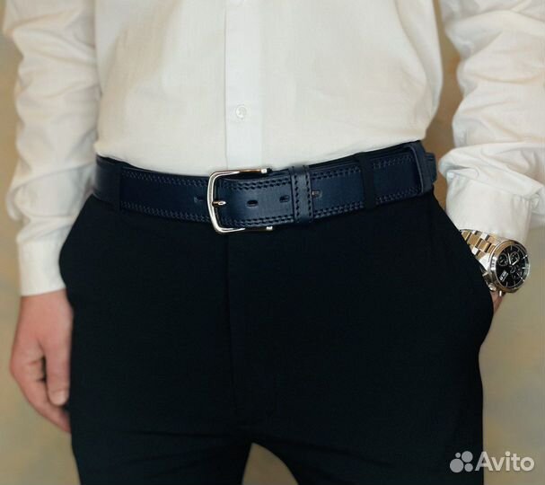 Мужской кожаный синий ремень