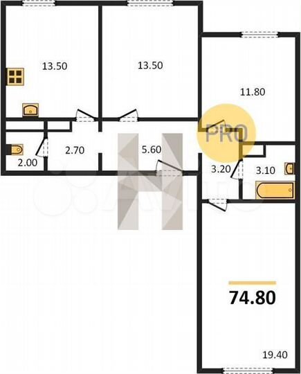 3-к. квартира, 74,8 м², 1/17 эт.