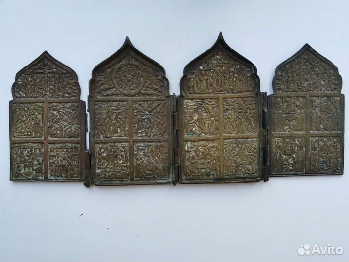 Икона Складень старинная медная латунная пластика