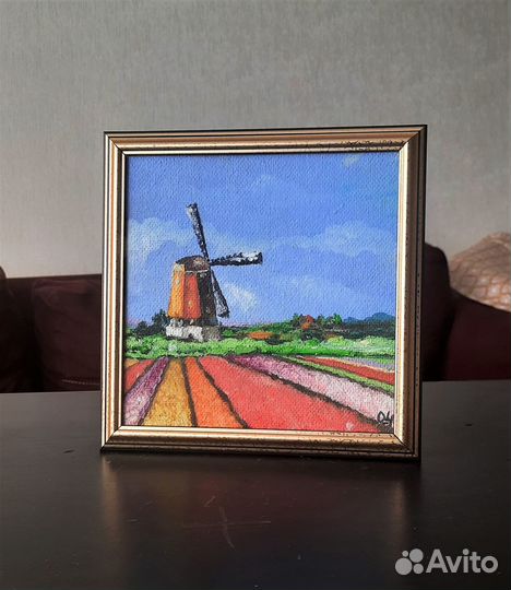 Мельница на полях Голандии.Картина маслом 20\20см