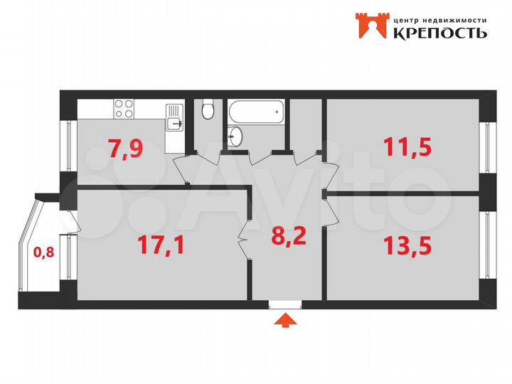 3-к. квартира, 64 м², 5/5 эт.