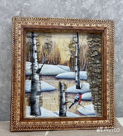 Картина на бересте. р.39х36. Береза.Ручная работа