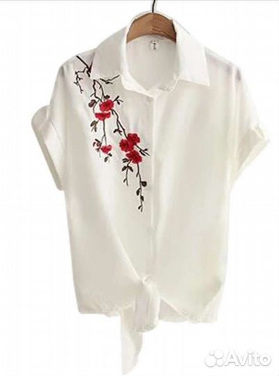 Рубашка с вышивкой блузка с завязками новая S